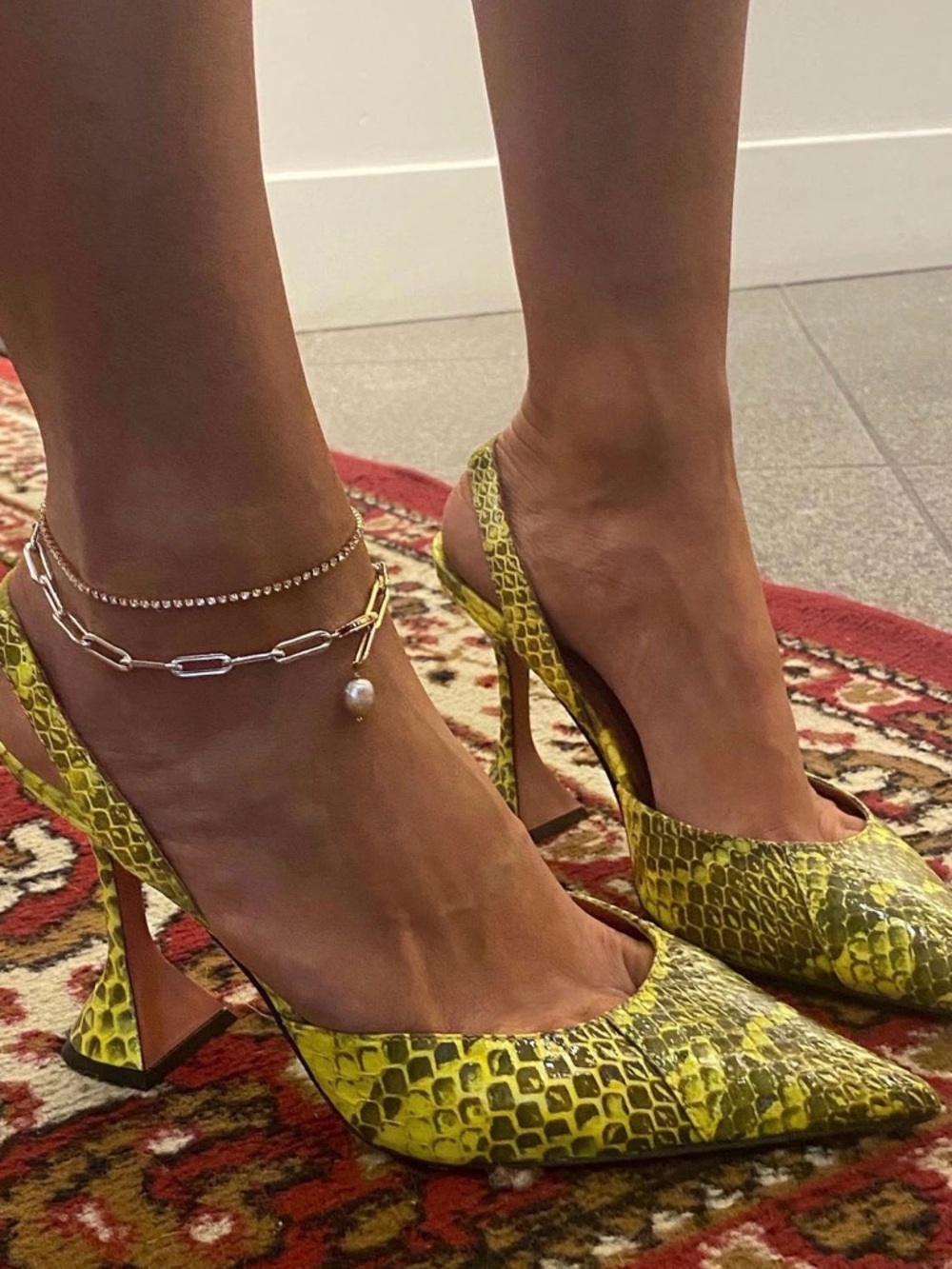 Amina Muaddi NWOT Yellow Green Black Snakeskin Pointed Toe Slingback Heels- 37.5